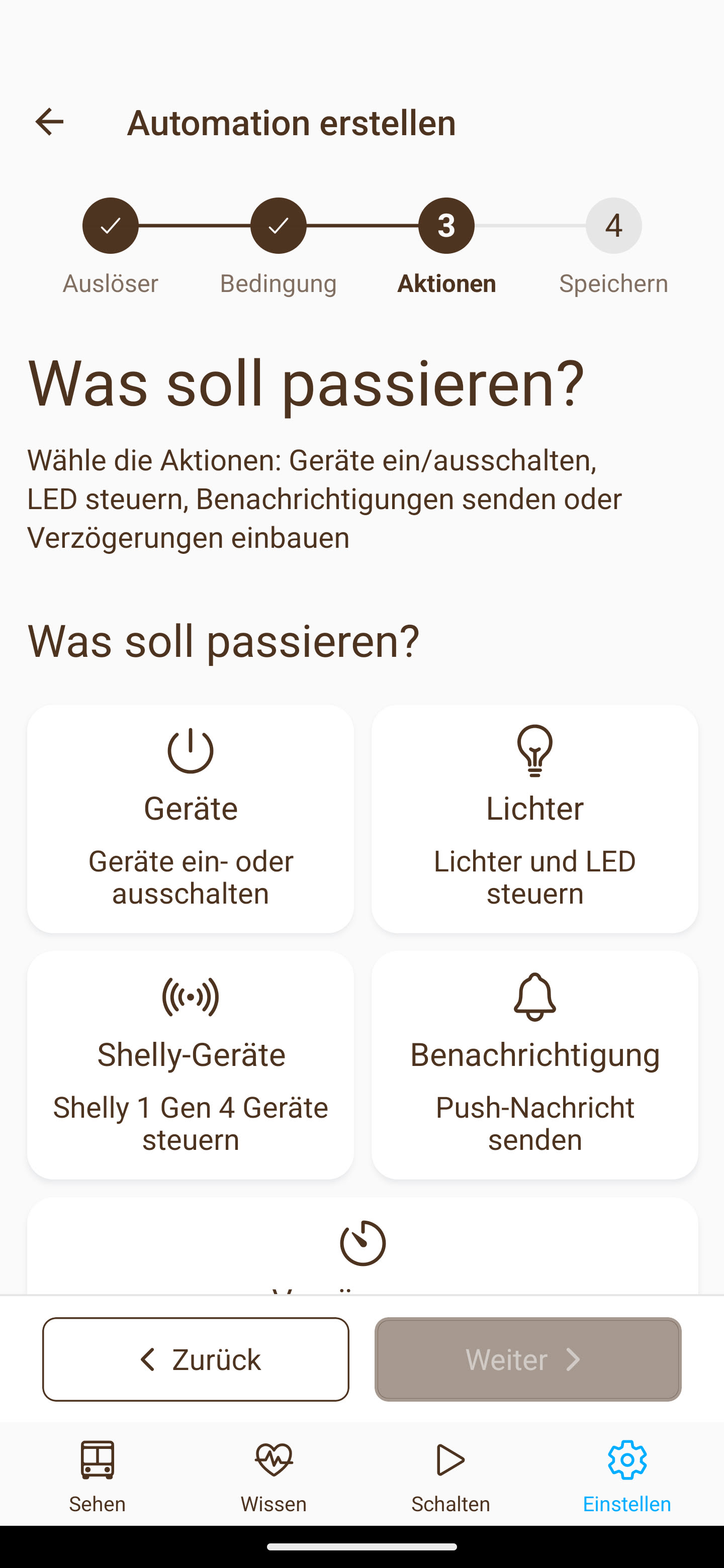Current original app screen in German: switching devices, controlling lights, switching supported Shelly devices, sending notifications or adding a delay