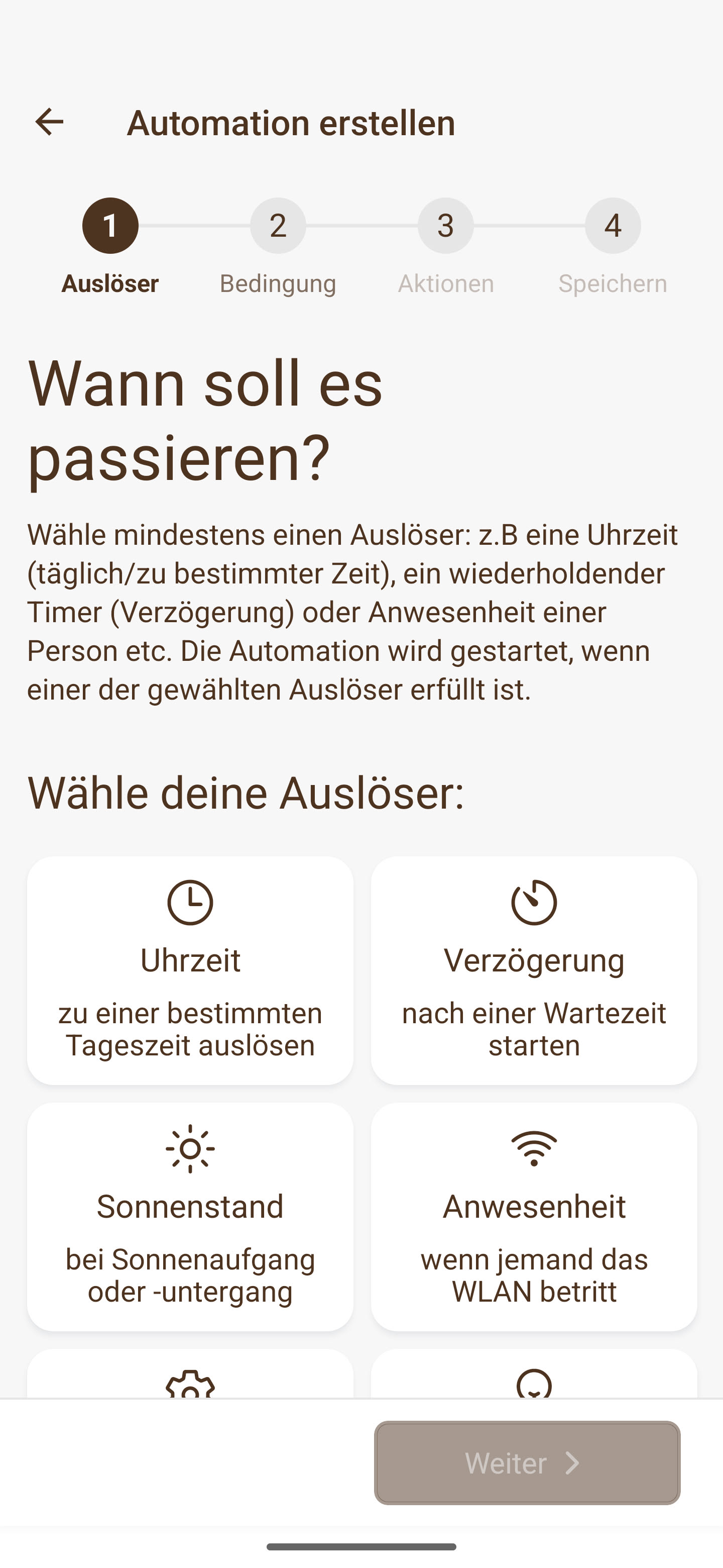 Aktuelle Originalansicht: Auslöser für eine eigene Automation in der E1NS App auswählen