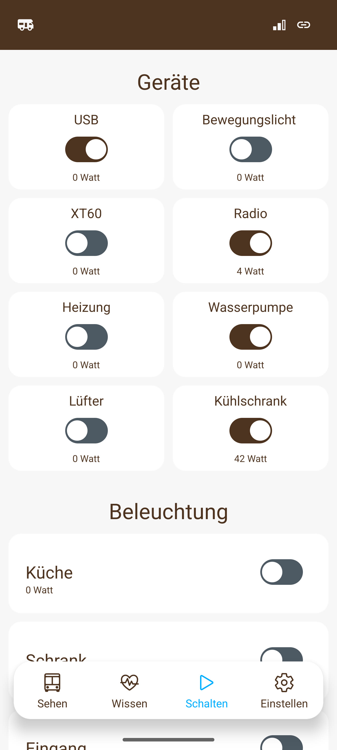 Originalansicht der E1NS App mit Schaltern für Licht und Geräte