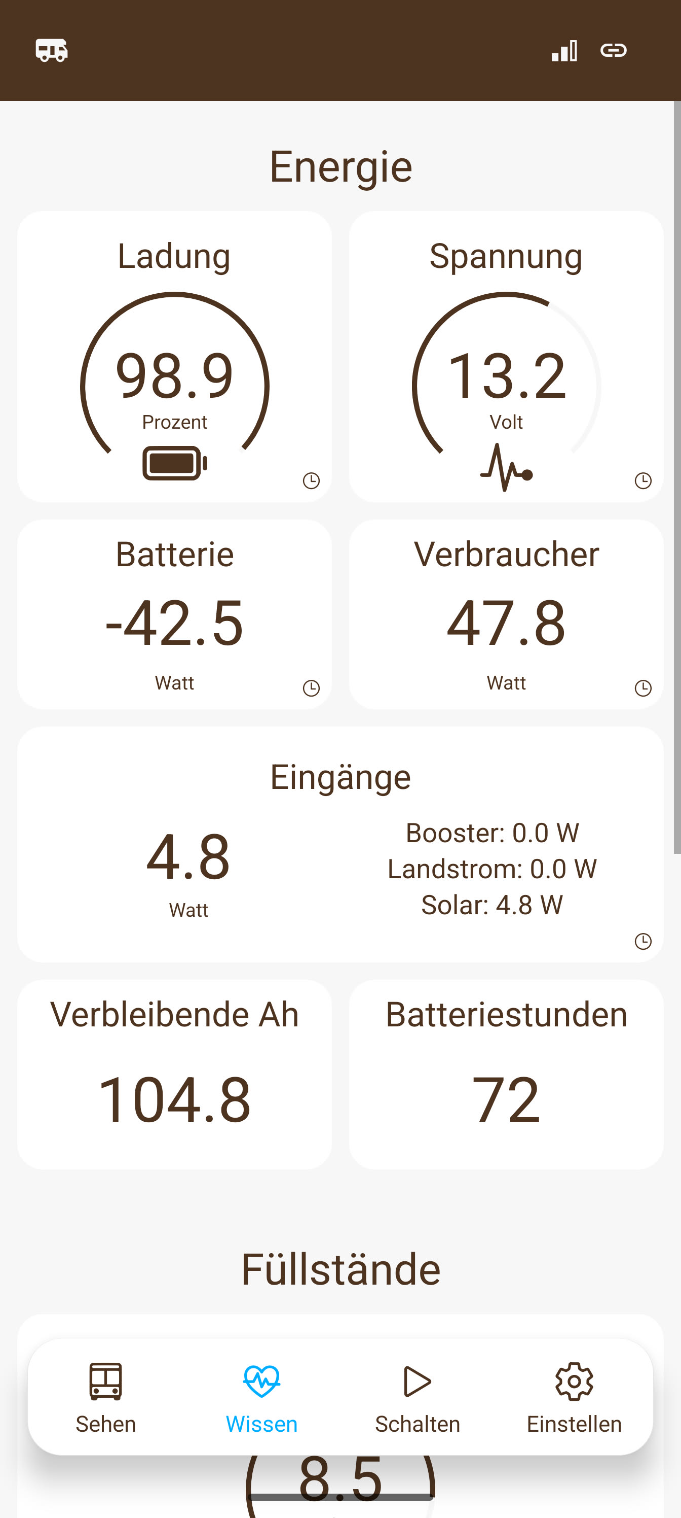 Current original energy screen in German: 98.9 percent battery charge, 13.2 volts and an overview of inputs and outputs
