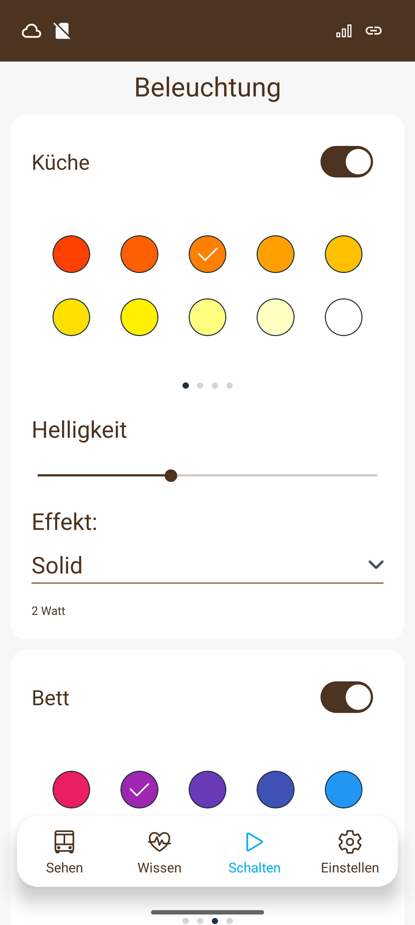 Current original app screen in German: kitchen and bed lighting switched on, with colour selection, brightness and lighting effect