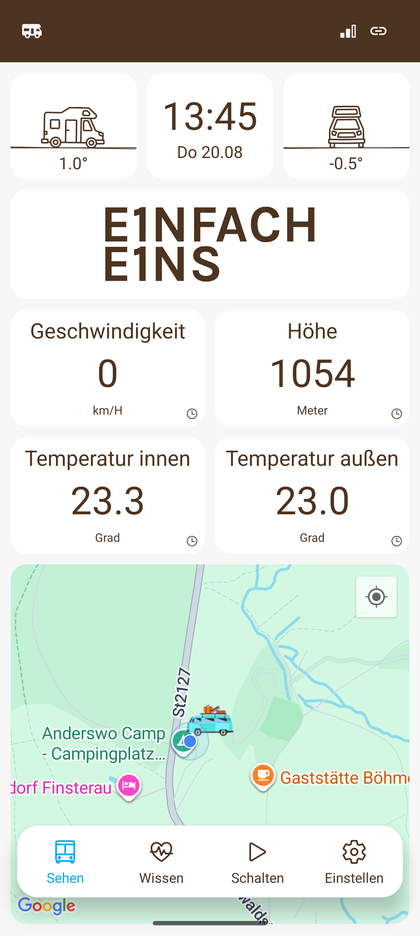 Current original E1NS app screen in German: tilt, indoor and outdoor temperatures, and location on the map