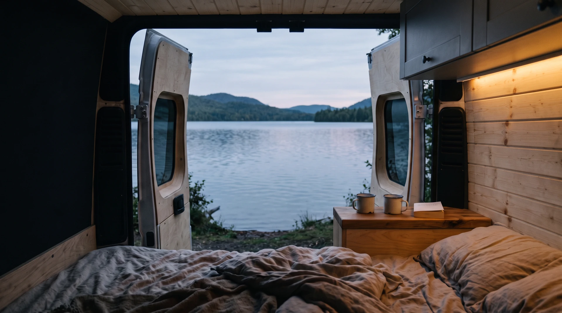 Atmosphärenstudie: Blick aus einem gemütlichen Camper auf einen stillen See am Abend