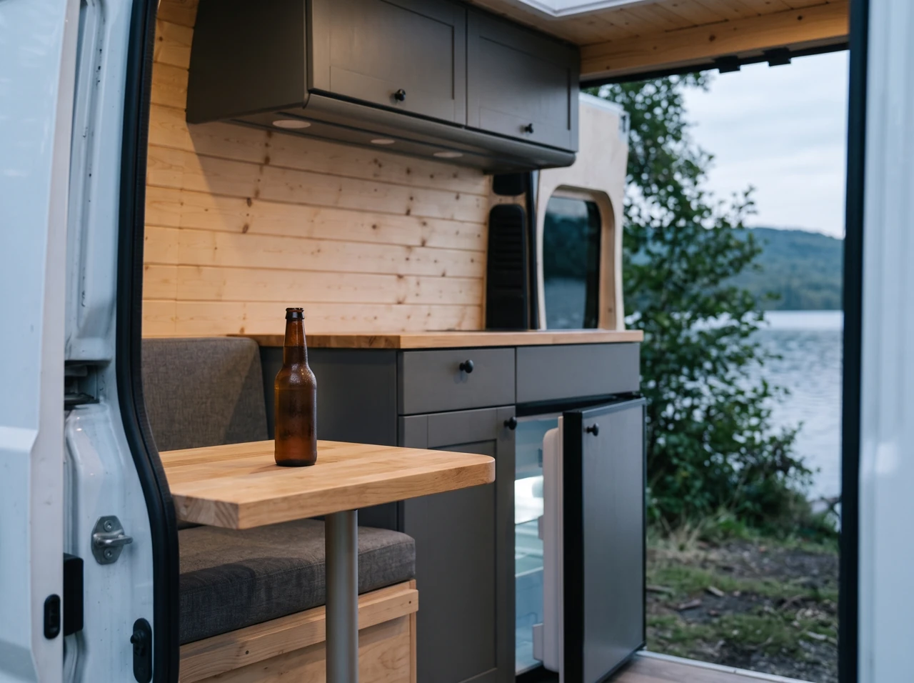 Kühles Bier auf dem Campertisch, dahinter eine leicht geöffnete Kühlschranktür – KI-Bild
